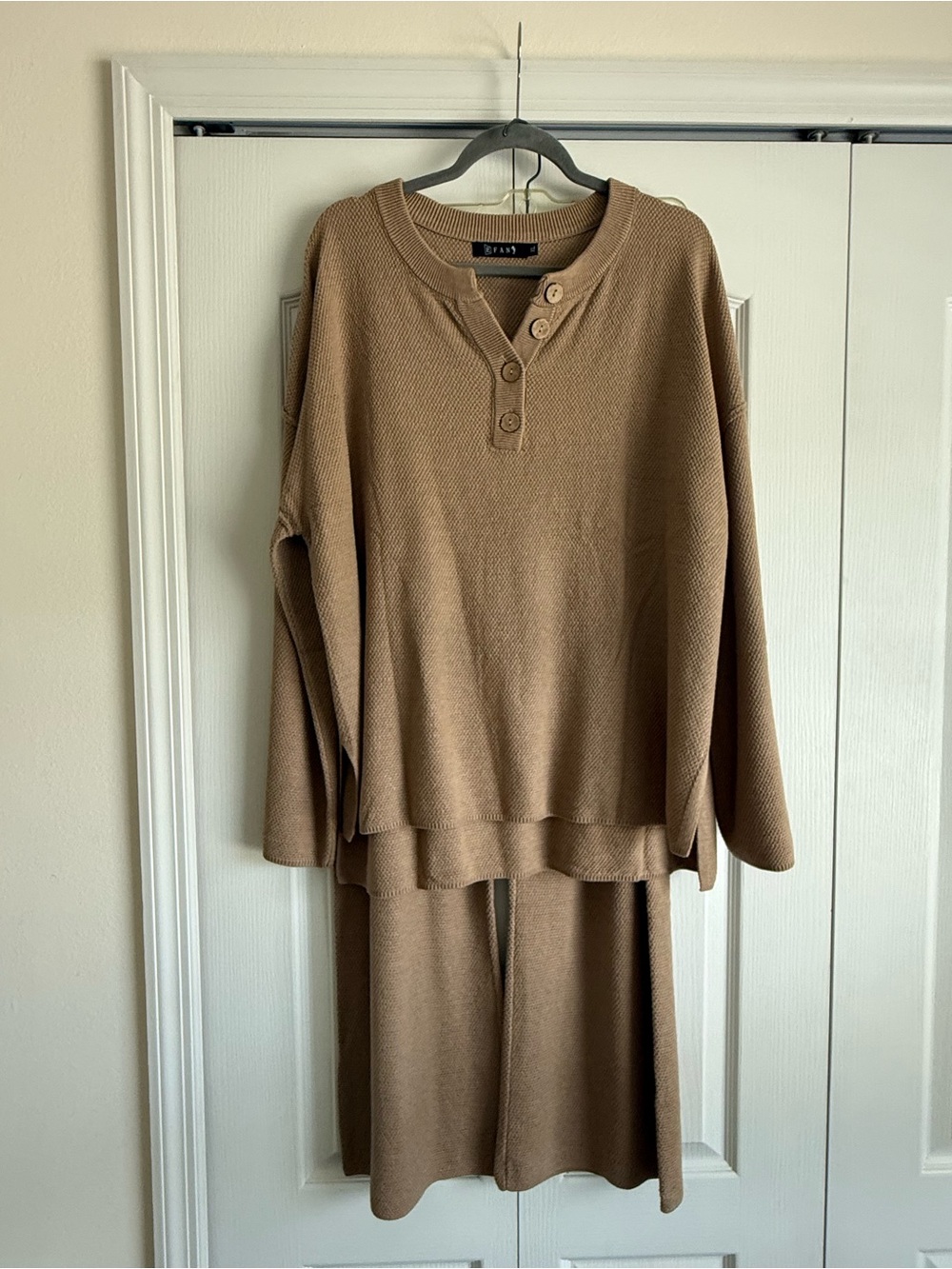Women's Tan Button-Detail Knit Sweater & Bottom Pants - Casual Crew